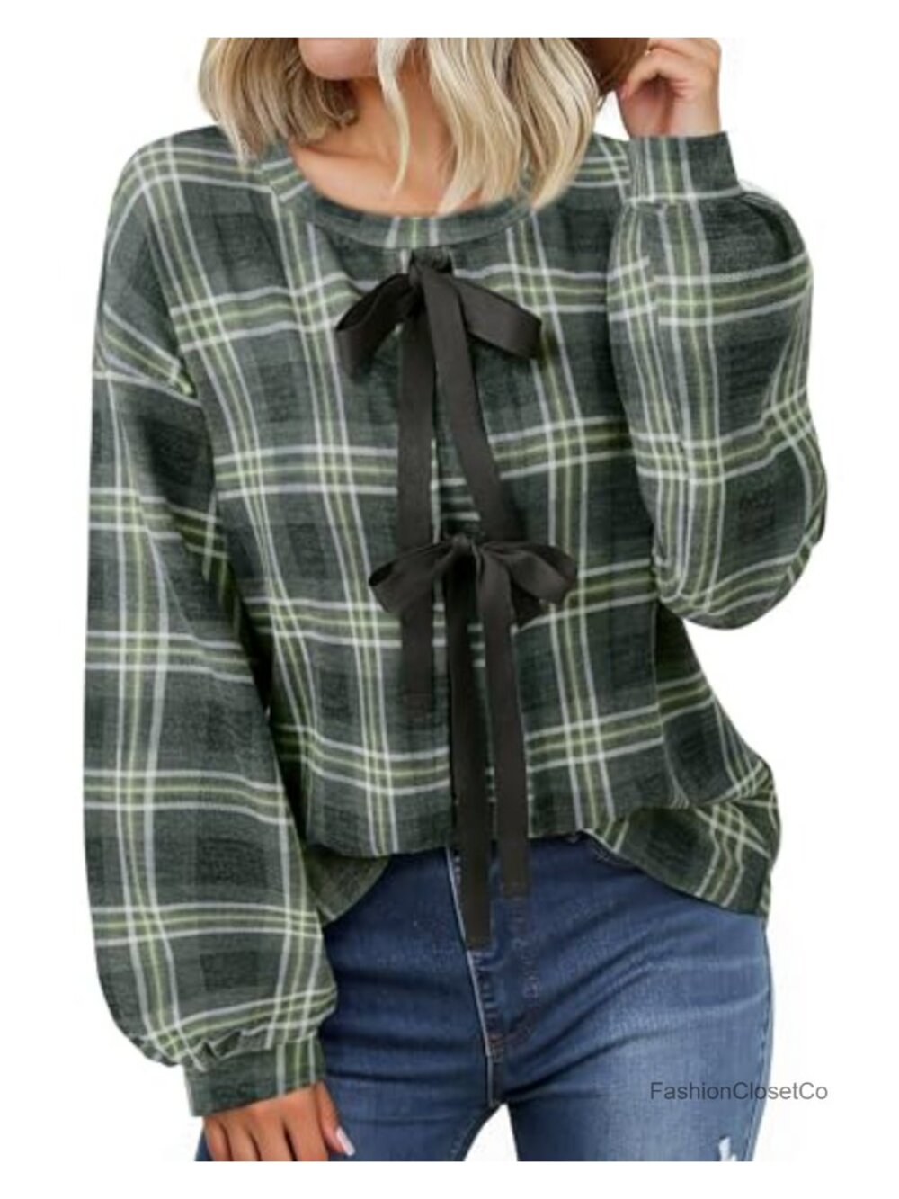 Tie Front Knit Tunic Top Long Lantern Sleeve Crewneck A-Line Pullover